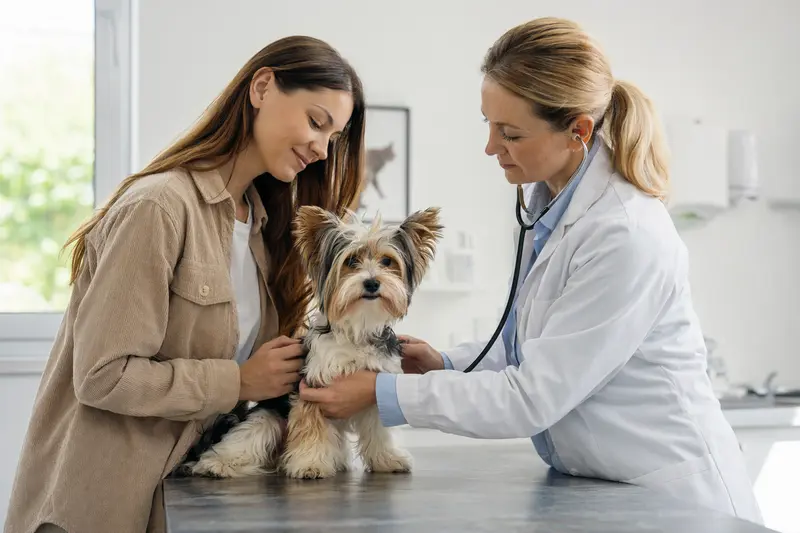 Ein ruhiger Biewer Yorkshire Terrier auf einem Untersuchungstisch, während eine freundliche Tierärztin ihn mit einem Stethoskop untersucht.