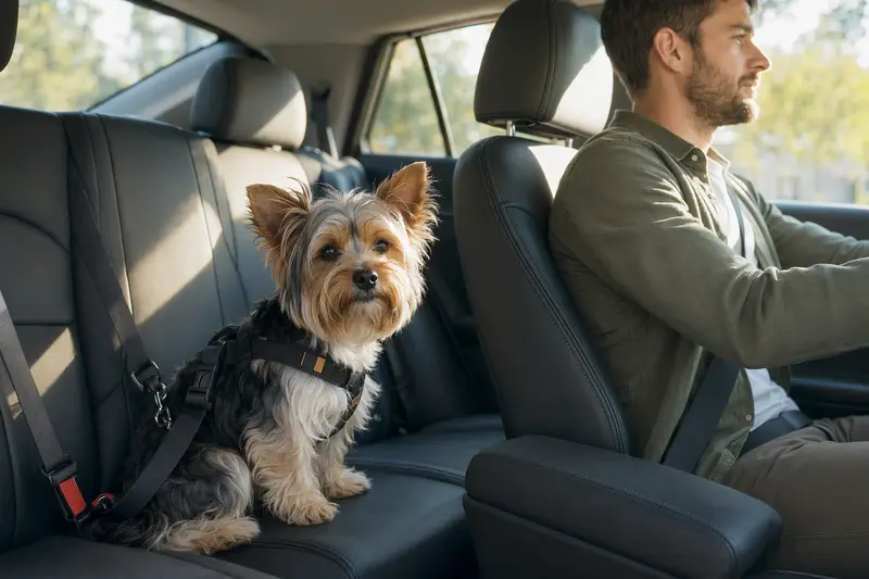 Ein Biewer Yorkshire Terrier sitzt sicher angeschnallt auf der Rückbank eines Autos, während der Besitzer ruhig fährt.