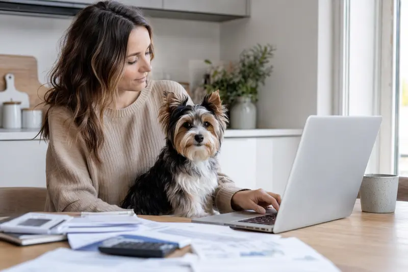 Ein Biewer Yorkshire Terrier sitzt ruhig neben seinem Besitzer am Küchentisch mit Versicherungsunterlagen und Laptop zur Hundekrankenversicherung.