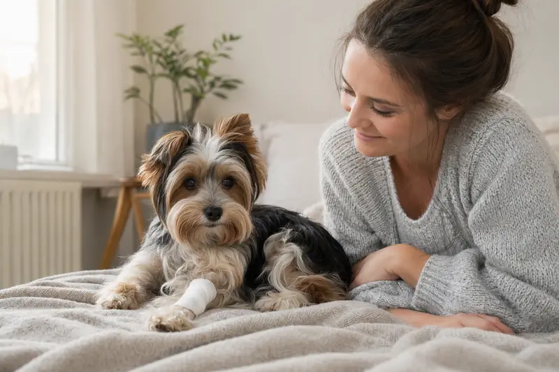 Ein Biewer Yorkshire Terrier liegt mit leicht verbundenen Pfote auf einer Decke, während sein Besitzer entspannt neben ihm sitzt.