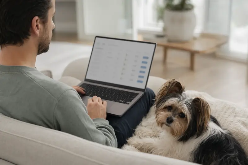 Ein Hundebesitzer sitzt mit einem Laptop auf dem Sofa, während ein Biewer Yorkshire Terrier neben ihm sitzt und eine neutrale Versicherungsvergleichs-Oberfläche angezeigt wird.