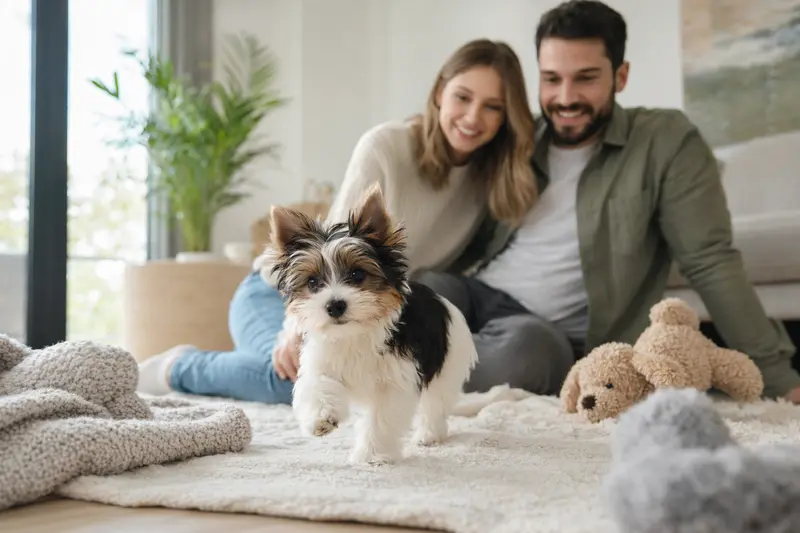 Ein neugieriger Biewer Yorkshire Terrier Welpe erkundet sein neues Zuhause auf einer weichen Decke, während seine liebevolle Familie im Hintergrund zu sehen ist.