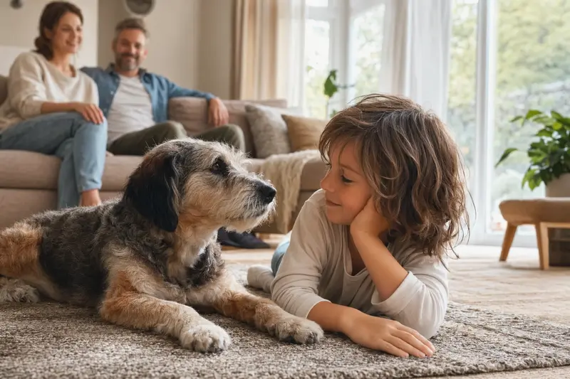 Ein entspannter Billy Hund liegt neben einem Kind im Wohnzimmer und sorgt für eine warme Familienatmosphäre.