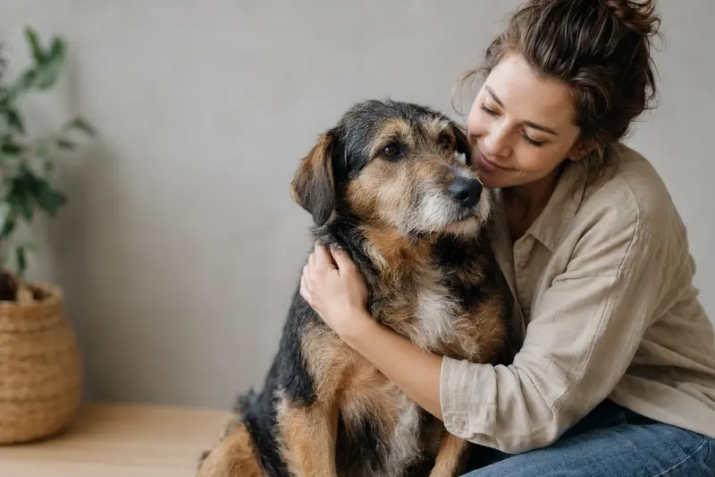 Ein aufmerksamer Billy Hund präsentiert sich in natürlicher Haltung vor neutralem Hintergrund.