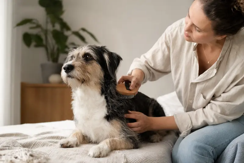 Ein Billy Hund wird in einer hellen Wohnung sanft gebürstet, während der Besitzer liebevoll die Fellpflege übernimmt.