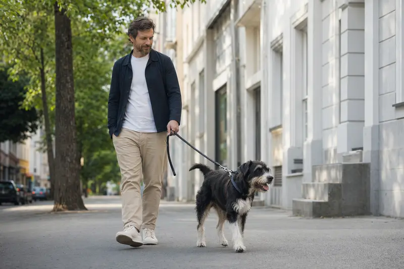 Ein Billy Hund läuft entspannt an der Leine mit seinem Besitzer durch eine moderne Stadtstraße.
