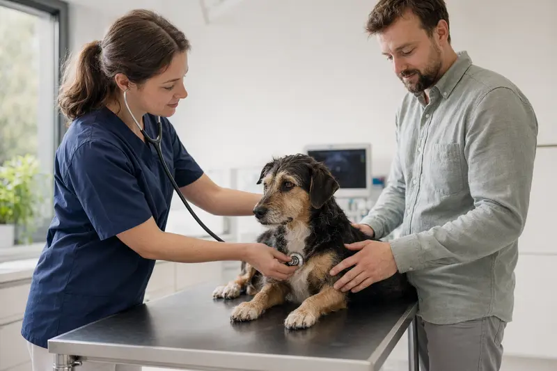 Ein ruhiger Billy Hund wird behutsam von einer freundlichen Tierärztin mit einem Stethoskop untersucht, während der Besitzer beruhigend danebensteht.