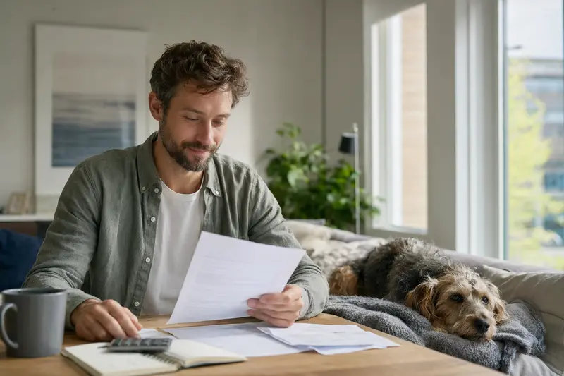 Ein Hundebesitzer sitzt mit einer Tierarztrechnung am Tisch, während sein entspannter Billy Hund auf einer Decke daneben liegt, passend zum Thema Hundeversicherung.