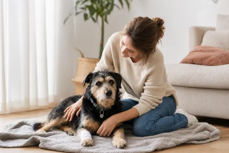 Ein Billy Hund mit einem leichten Verband an der Pfote liegt auf einer Decke, während sein Besitzer erleichtert daneben sitzt.