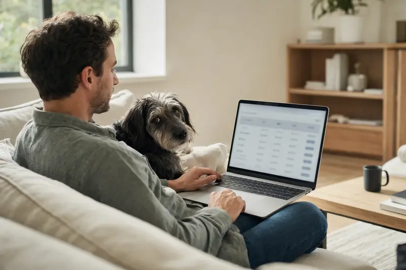 Ein Hundehalter arbeitet am Laptop auf dem Sofa, während ein Billy Hund neben ihm sitzt und der Bildschirm eine neutrale Versicherungsvergleichs-Oberfläche zeigt.