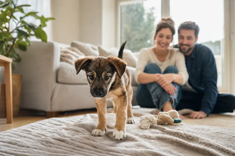 Ein junger Billy Welpe erkundet neugierig seine weiche Decke und Spielzeuge in einer hellen, freundlichen Wohnung mit seiner liebevollen Familie im Hintergrund.