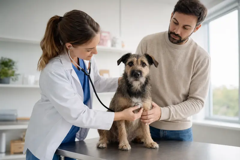Ein ruhiger Bingley Terrier auf einem Untersuchungstisch in einer modernen Tierarztpraxis, während eine freundliche Tierärztin ihn mit einem Stethoskop untersucht.
