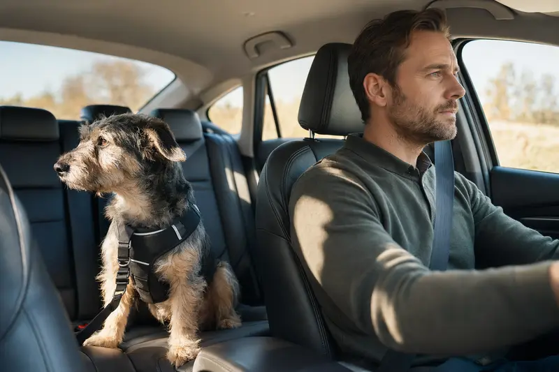 Ein Bingley Terrier sitzt sicher angeschnallt auf der Rückbank eines Autos, während der Fahrer entspannt fährt.
