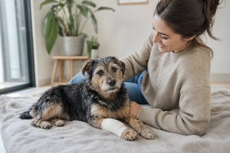 Ein Bingley Terrier Hund mit einem leichten Verband an der Pfote liegt beruhigt neben seinem Besitzer in einer hellen Wohnung.