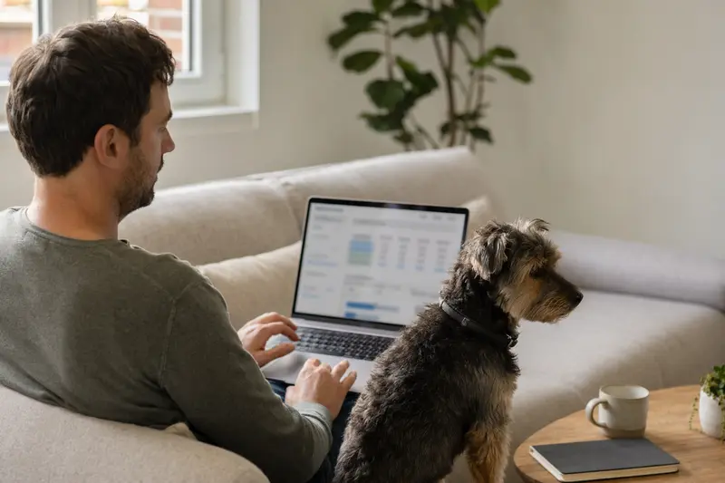 Ein Besitzer sitzt mit einem Bingley Terrier auf dem Sofa und vergleicht Tierversicherungen auf seinem Laptop.