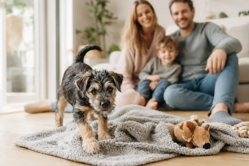 Ein junger Bingley Terrier Welpe erkundet neugierig sein neues Zuhause mit einer gemütlichen Decke und Spielzeugen, während eine liebevolle Familie im Hintergrund zu sehen ist.