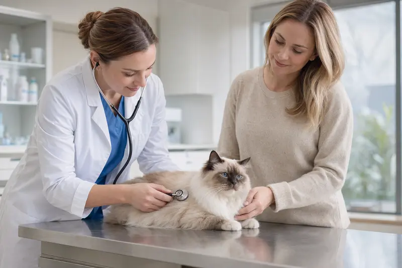 Eine ruhige Birma Katze wird von einer freundlichen Tierärztin mit Stethoskop in einer modernen Tierarztpraxis untersucht, während der Besitzer beruhigend daneben steht.