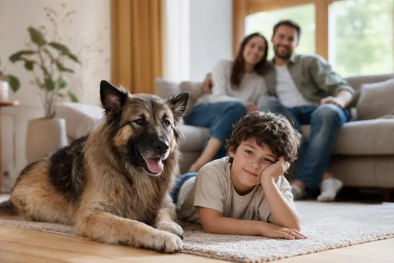 Ein entspannter Bisben-Hund liegt neben einem Kind in einem hellen Wohnzimmer, während die Eltern im Hintergrund stehen.
