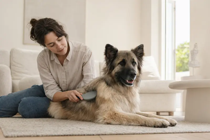 Ein Himalaja Schäferhund wird zuhause sanft gebürstet, während sein Besitzer die Fellpflege aufmerksam und liebevoll übernimmt.