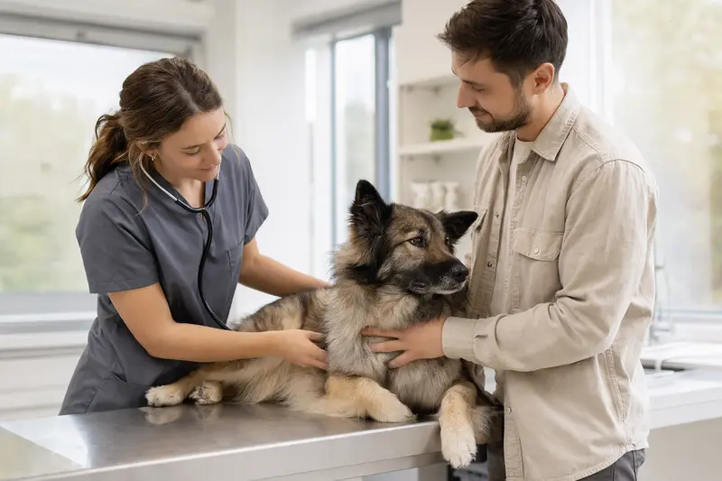 Ein ruhiger Bisben-Hund wird von einer Tierärztin in einer modernen Praxis mit einem Stethoskop untersucht.