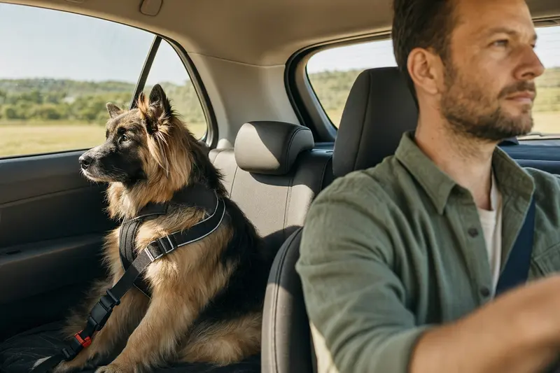 Ein bisbenischer Himalaja Schäferhund sitzt sicher angeschnallt auf der Rückbank eines Autos, während der Besitzer ruhig fährt.