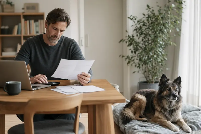 Ein Hundehalter sitzt mit einer Tierarztrechnung am Tisch, während ein entspannter Bisben-Hund auf einer Decke neben ihm liegt und die Situation einer Hundekrankenversicherung ruhig und lösungsorientiert wirkt.