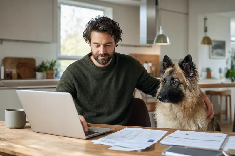 Ein Bisben Hund sitzt geduldig neben seinem Besitzer am Küchentisch, wo Versicherungsunterlagen und ein Laptop liegen.