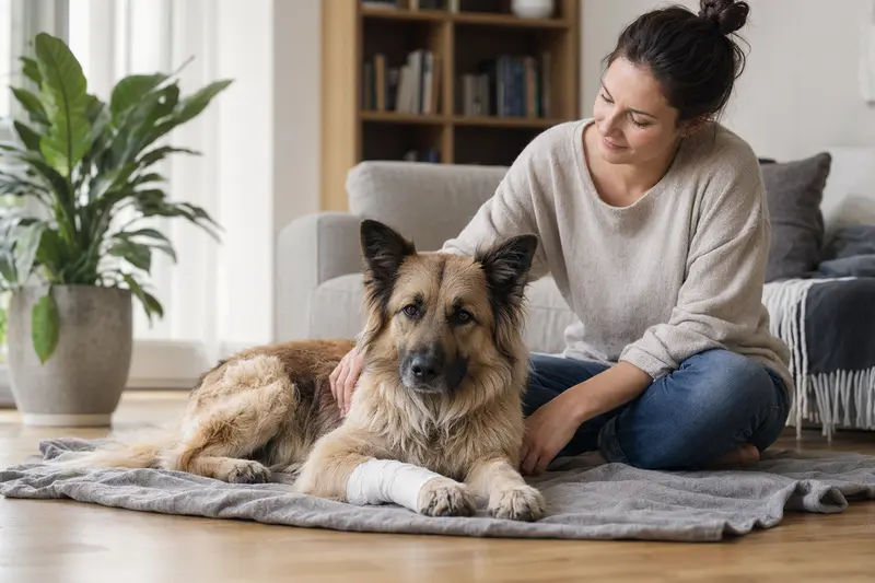 Ein Bisben Hund mit Verband liegt friedlich auf einer Decke, während sein erleichterter Besitzer daneben sitzt.