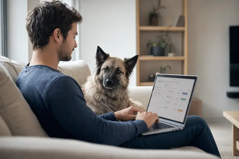 Ein Hundebesitzer sitzt mit einem Laptop auf dem Sofa, während ein Bisben neben ihm liegt, und zeigt eine Versicherungsvergleichsseite.