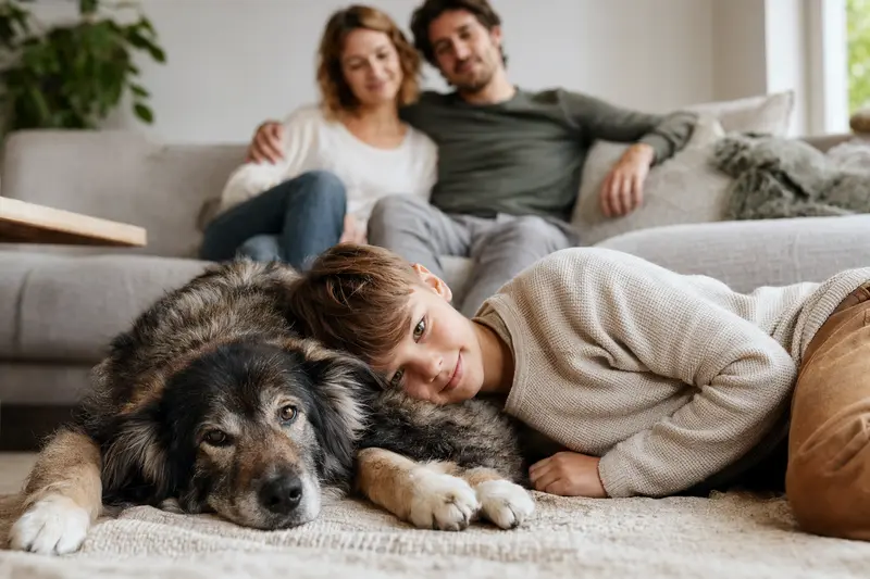Ein freundlicher Björnhund Hund liegt entspannt neben einem Kind im Wohnzimmer, während die Eltern im Hintergrund das harmonische Familienleben genießen.