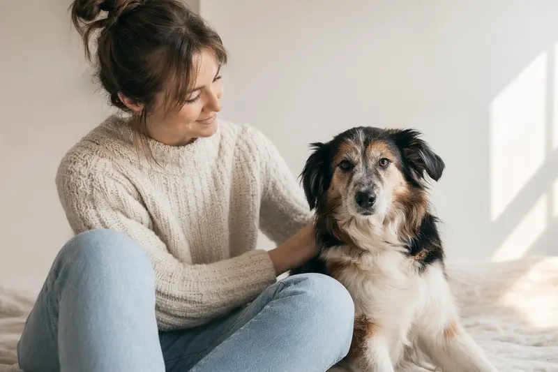 Ein aufmerksamer Björnhund steht vor einem neutralen Hintergrund.