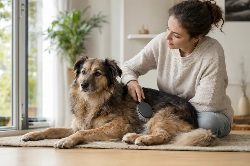 Ein Björnhund wird zuhause von seinem Besitzer sanft gebürstet, als Teil der regelmäßigen Fellpflege und Hundegesundheit.