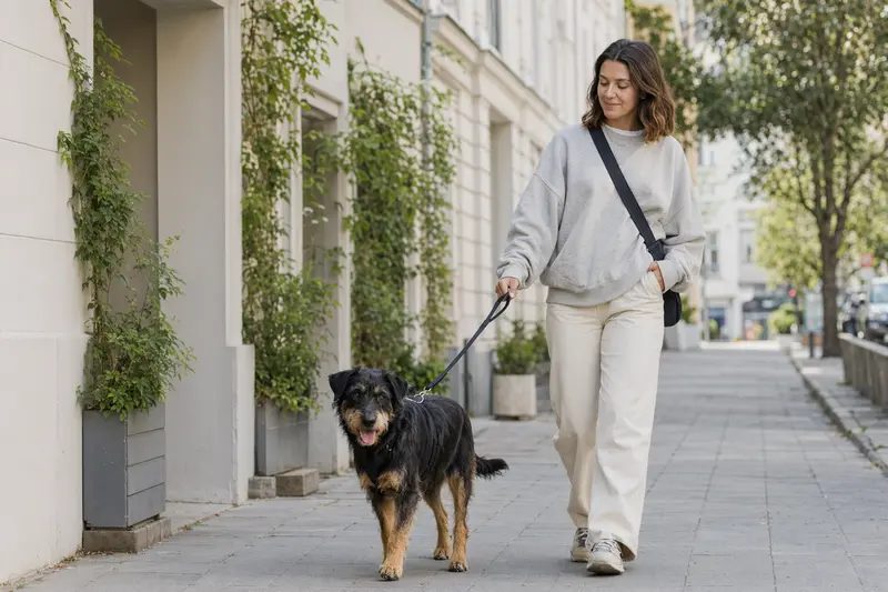Ein Björnhund läuft an der Leine mit seinem Besitzer durch eine saubere moderne Stadtstraße im Alltag.