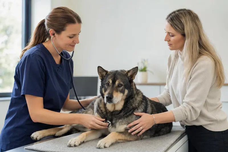 Ein ruhiger Björnhund wird von einer freundlichen Tierärztin in einer modernen Tierarztpraxis untersucht.