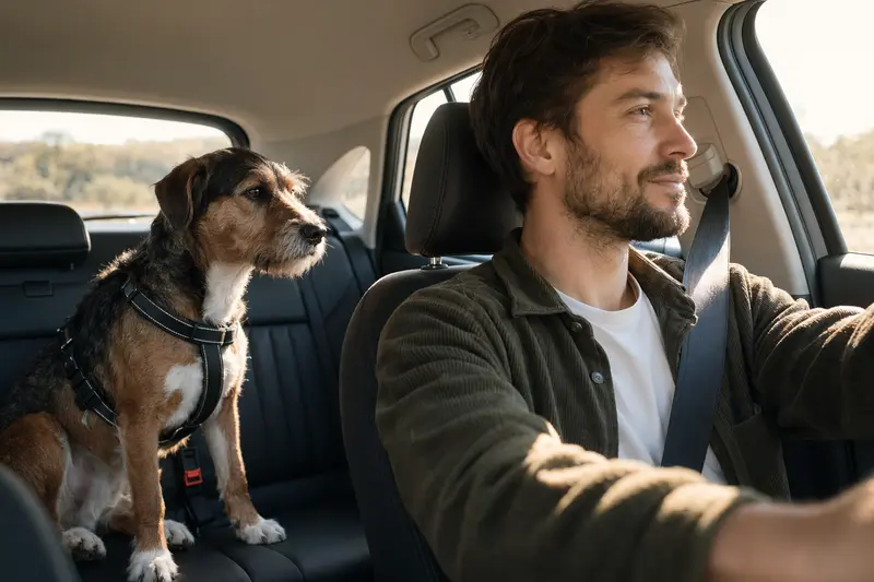 Ein Björnhund sitzt sicher angeschnallt auf der Rückbank eines Autos, während sein Besitzer ruhig fährt und Sonnenlicht durch das Fenster strömt.