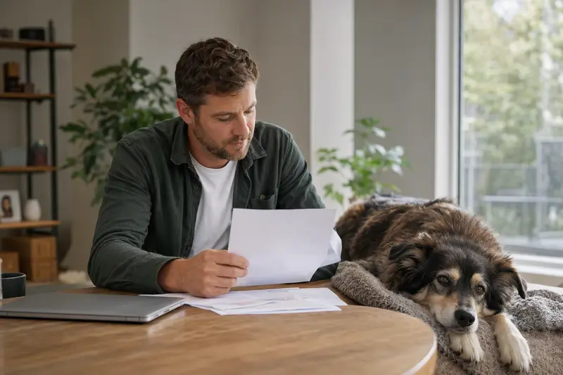 Ein Hundebesitzer sitzt mit einer Tierarztrechnung am Tisch, während sein ruhiger Björnhund entspannt auf einer Decke liegt – ein Bild zum Thema Tierarztkosten und Hundeversicherung.