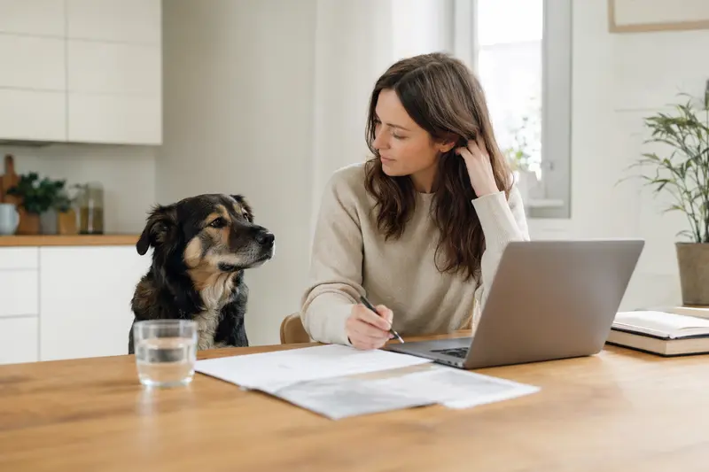 Ein Björnhund sitzt entspannt neben seinem Besitzer am Küchentisch, wo Versicherungsunterlagen und ein Laptop platziert sind.