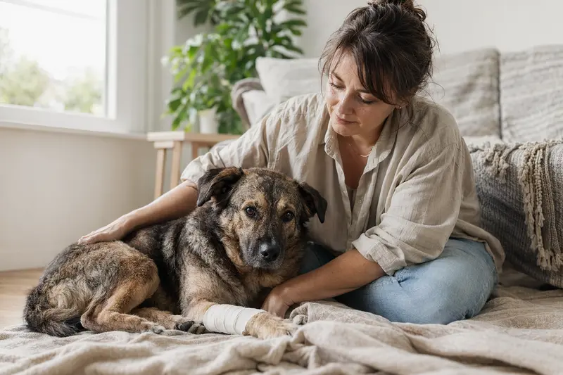 Ein Björnhund mit einem leichten Verband an der Pfote liegt entspannt auf einer Decke, während sein erleichterter Besitzer neben ihm sitzt.