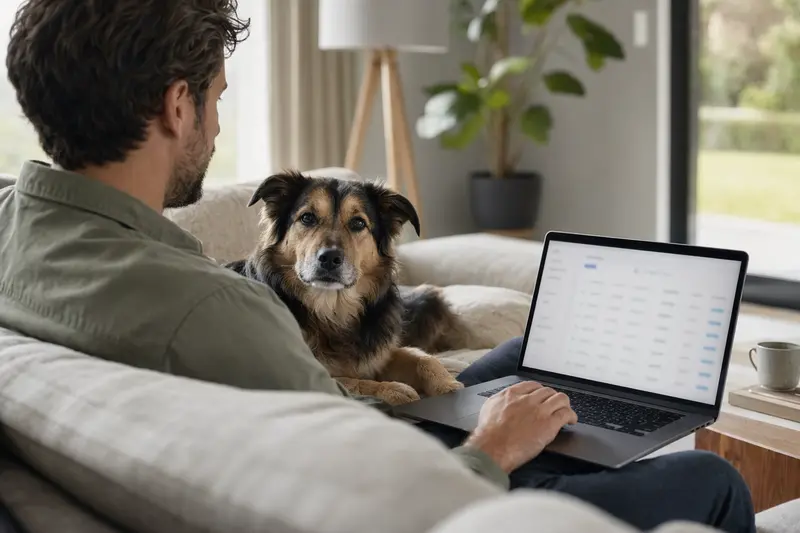 Ein Hundehalter mit einem Laptop auf dem Sofa, während ein Björnhund daneben sitzt und eine Versicherungsvergleichsseite auf dem Bildschirm angezeigt wird.