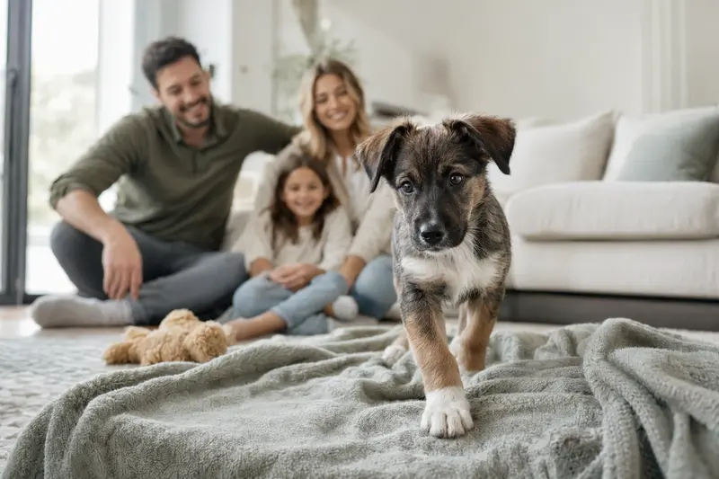 Ein neugieriger Björnhund Welpe erkundet sein neues Zuhause mit Spielzeug und einer liebevollen Familie im Hintergrund.