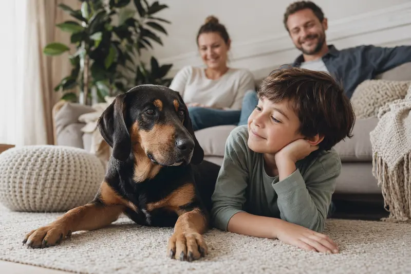 Ein freundlicher Black and Tan Coonhound liegt entspannt neben einem Kind im Wohnzimmer, umgeben von Eltern.
