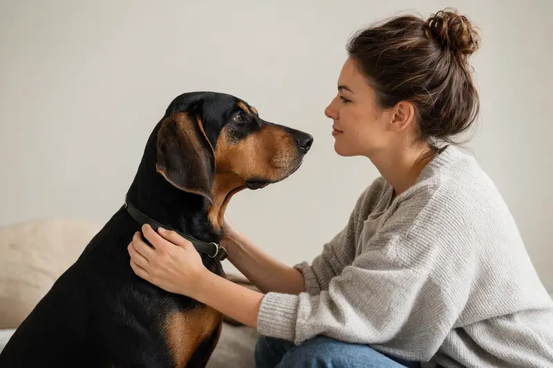 Ein aufmerksam stehender Black and Tan Coonhound vor hellem Hintergrund zeigt die typische Körperform und Fellzeichnung der Rasse.