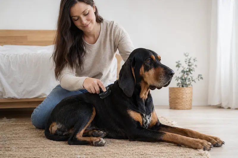 Besitzer bürstet einen Black and Tan Coonhound zuhause sanft das Fell und zeigt verantwortungsvolle Hundepflege.