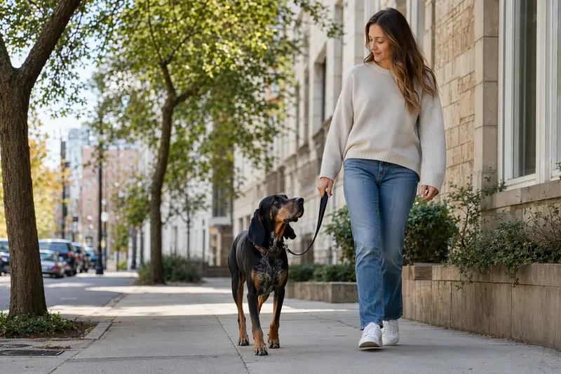 Ein Black and Tan Coonhound läuft an der Leine mit seinem Besitzer durch eine moderne Stadtstraße.