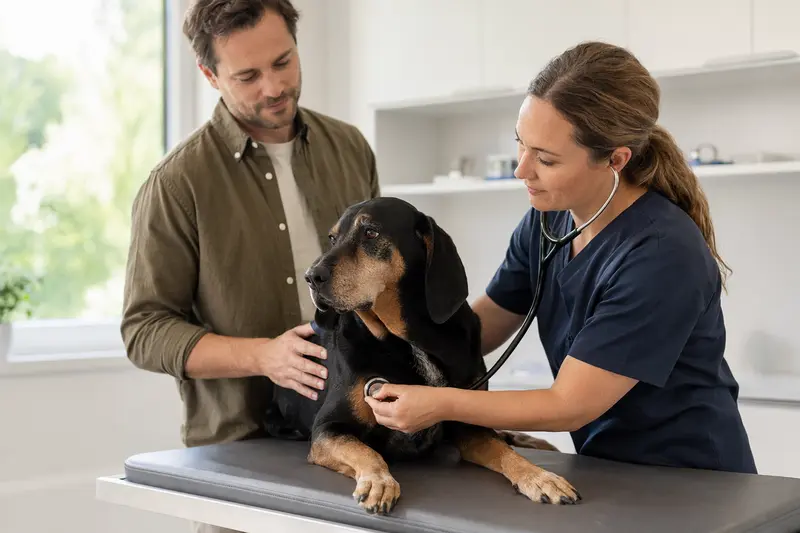 Ein Black and Tan Coonhound wird von einer Tierärztin auf einem Untersuchungstisch in einer modernen Praxis vorsichtig untersucht.