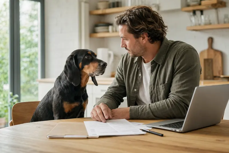 Ein Black and Tan Coonhound sitzt entspannt neben seinem Besitzer am Küchentisch, wo Versicherungsunterlagen und ein Laptop liegen.