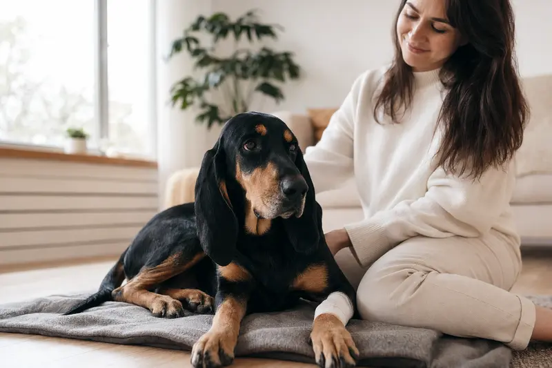Ein entspannter Black and Tan Coonhound mit leichtem Verband auf der Pfote liegt auf einer Decke, während sein erleichterter Besitzer neben ihm sitzt.