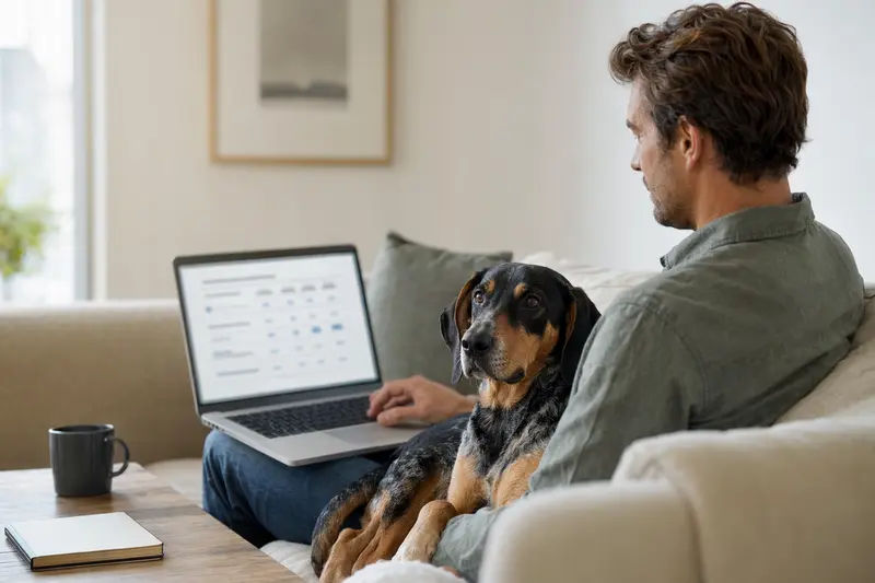 Ein Besitzer arbeitet am Laptop auf dem Sofa, während ein Black and Tan Coonhound Hund an seiner Seite sitzt und ein Versicherungsvergleich auf dem Bildschirm angezeigt wird.