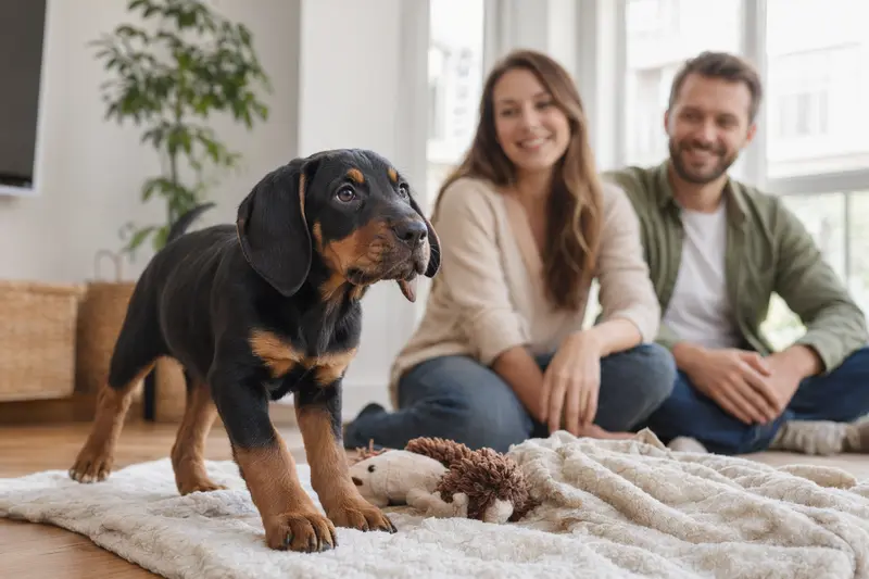 Ein neugieriger Black and Tan Coonhound Welpe erkundet sein neues Zuhause in einer freundlichen Wohnung.