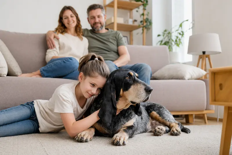 Ein Blauer Basset der Gascogne liegt entspannt neben einem Kind im Wohnzimmer in einer sicheren Familienatmosphäre.